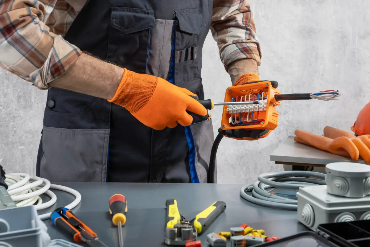 Un ouvrier portant des gants orange utilise un tournevis sur une boîte de jonction électrique, entourée d'outils et de fils électriques sur une table.